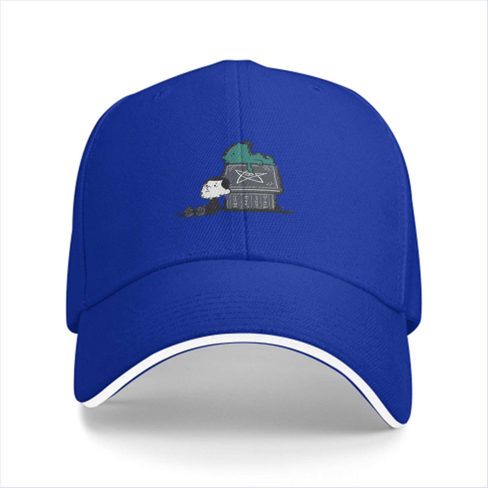 Black baseball cap with a whimsical printed graphic design