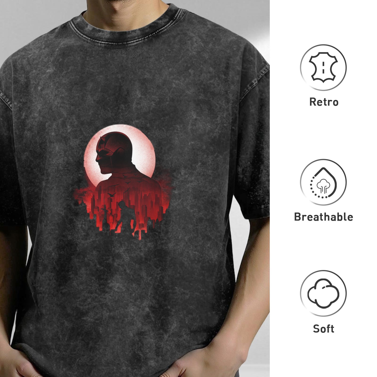 Washed Black T-Shirt with Superhero Silhouette and Red City Print