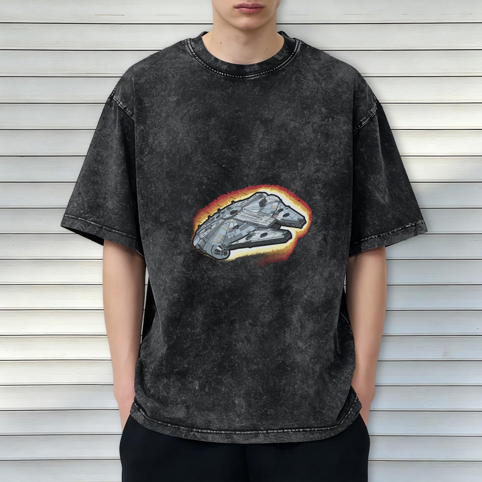 Oversized Acid Wash T-Shirt with Millennium Falcon Graphic