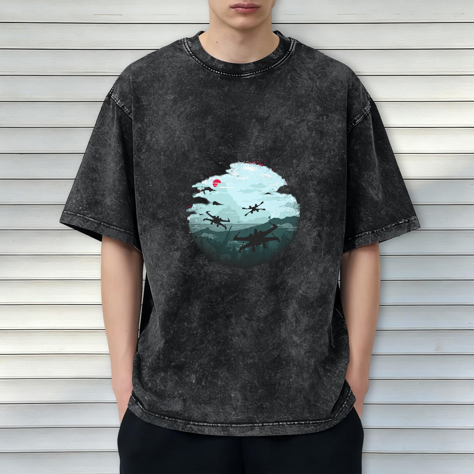 Oversized Vintage Wash Graphic T-Shirt with Star Wars X-Wing Fighter Design