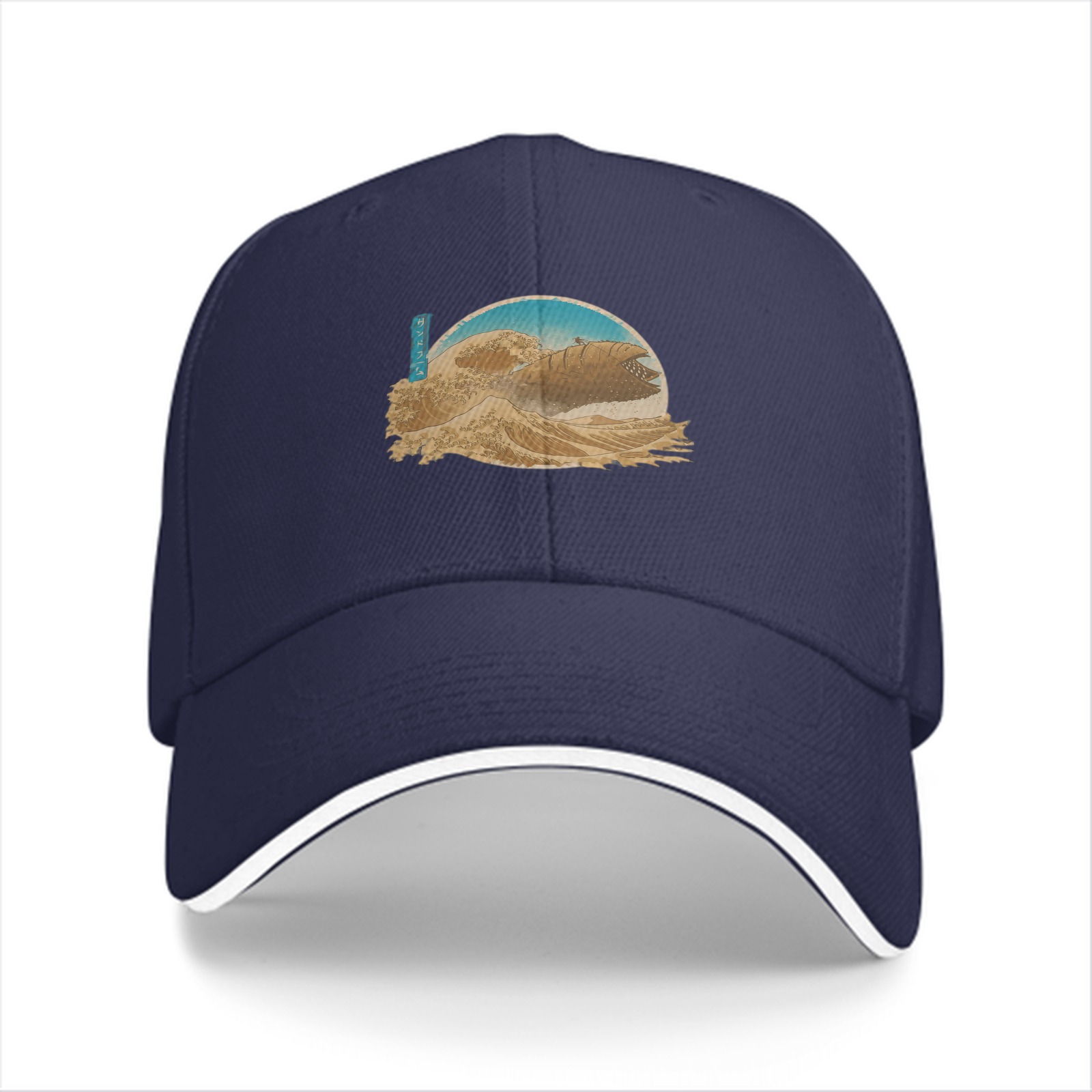 Black Baseball Cap with Japanese Wave Art Print