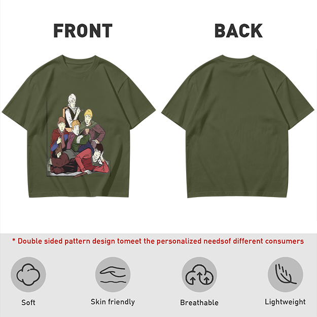 Olive T-shirt with Group of Fantasy Characters Graphic Print