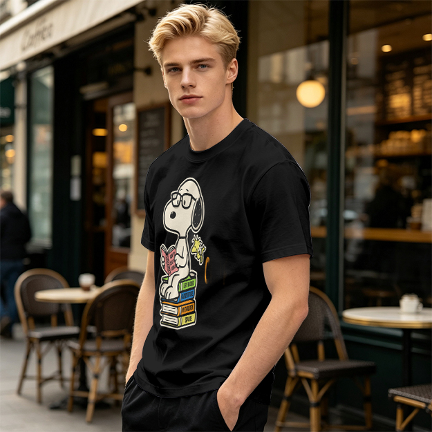 Olive T-shirt with Snoopy reading on stack of books