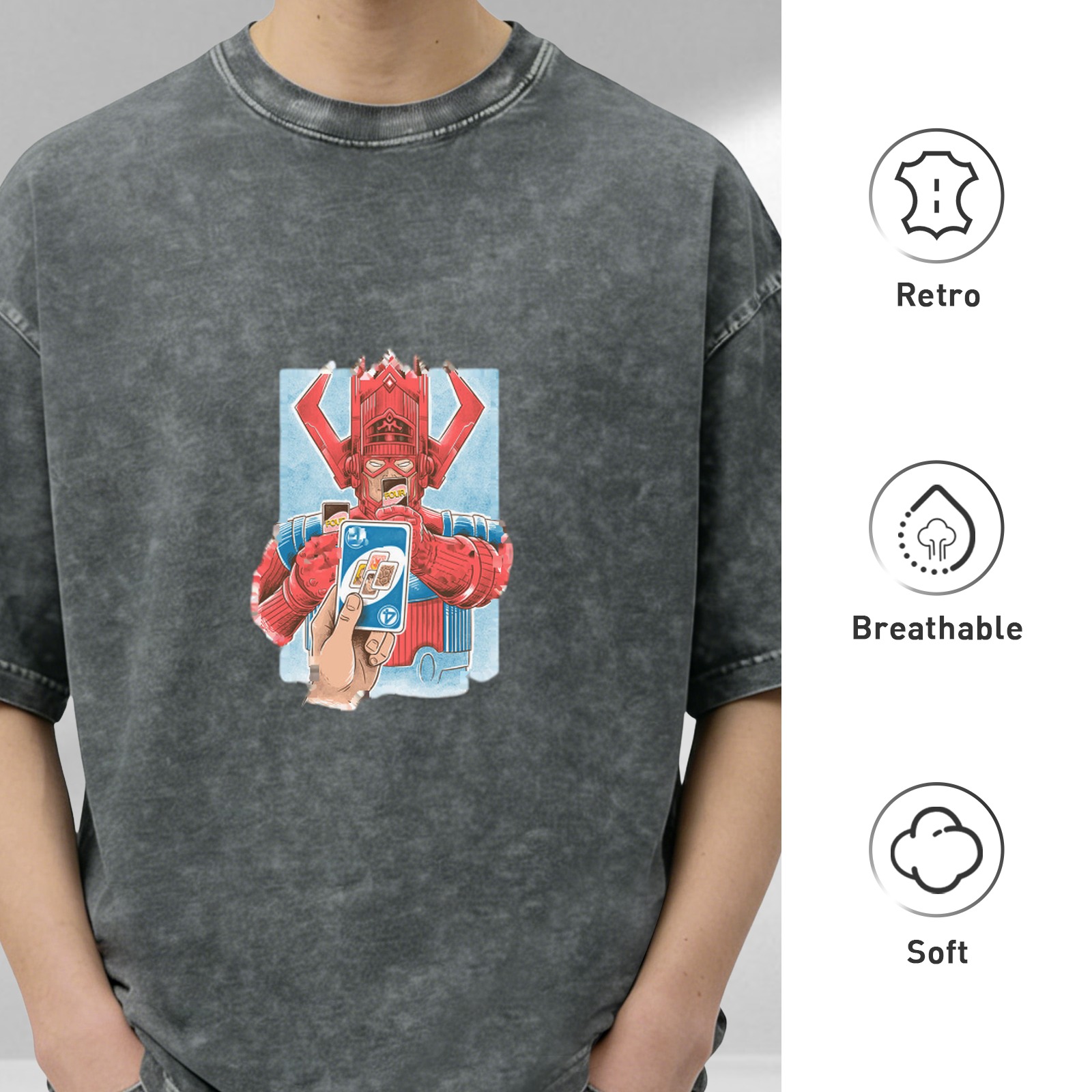 Galactus holding Uno card graphic on acid wash t-shirt
