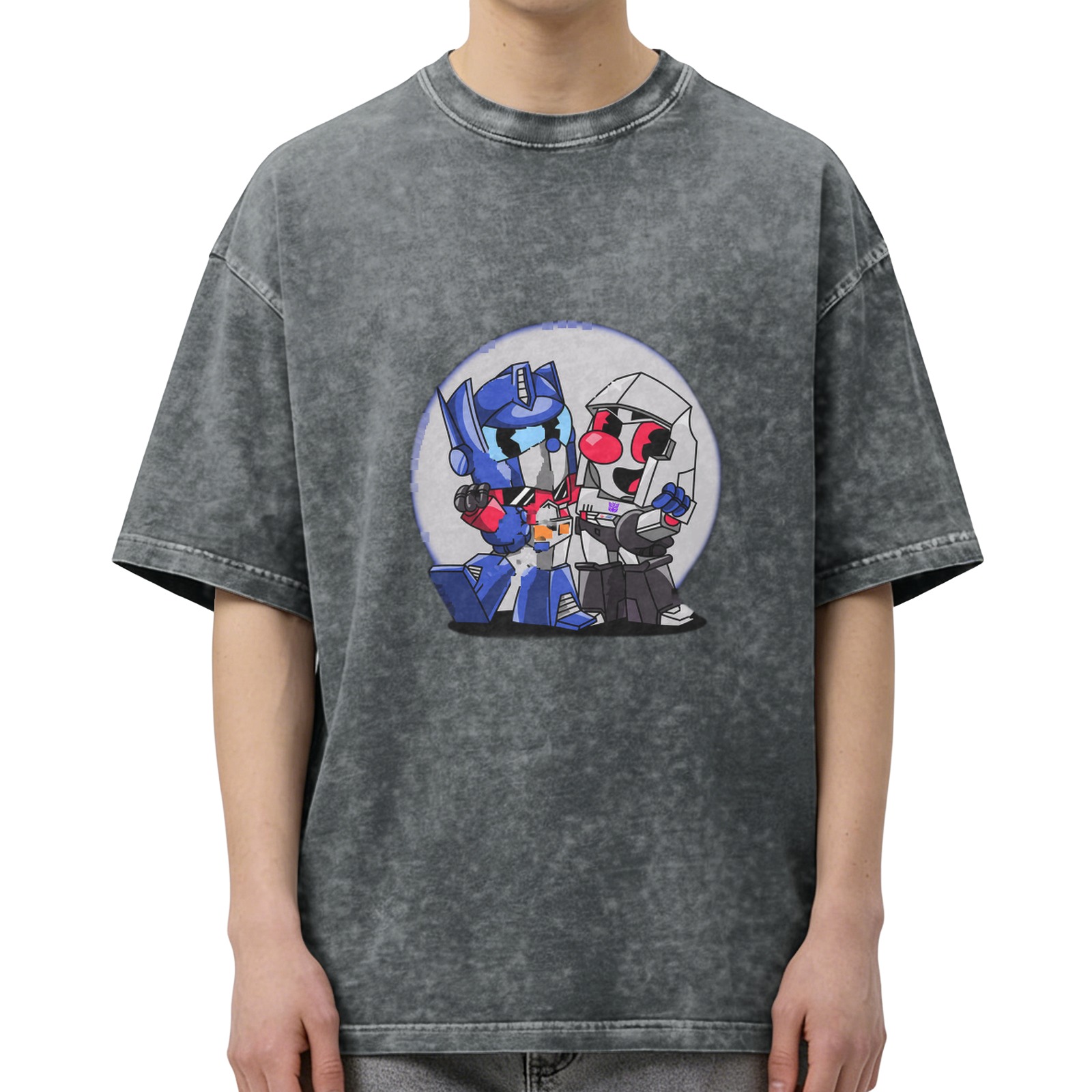 Oversized Dark Wash T-Shirt With Chibi Transformers Graphic