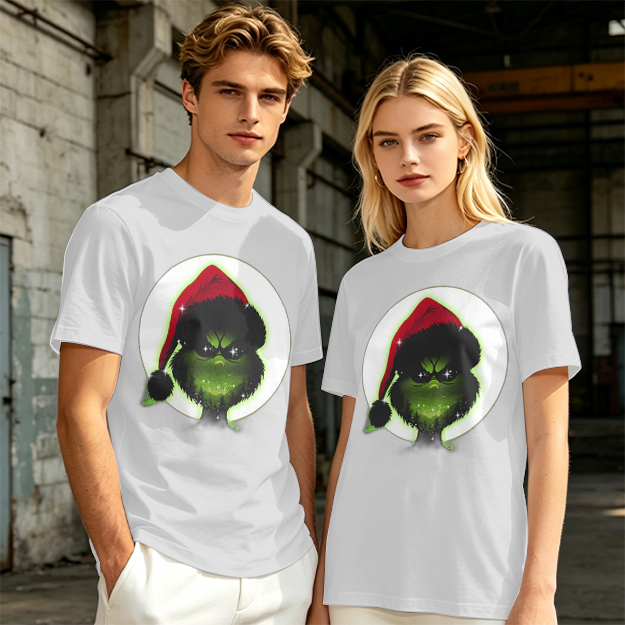 Olive Green T-Shirt With Grinch Wearing Santa Hat Graphic
