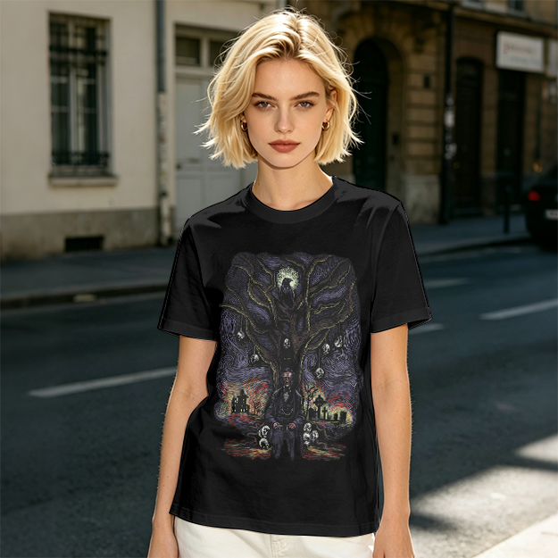 Olive t-shirt with gothic tree raven and graveyard graphic