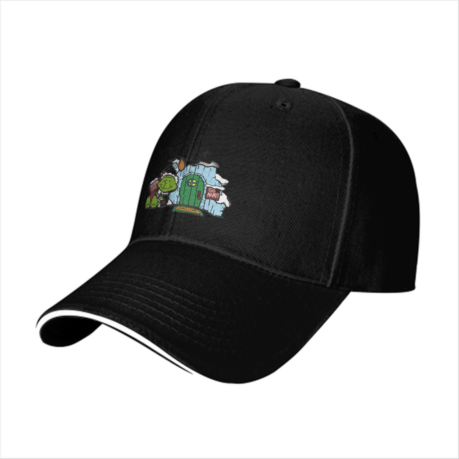 Black baseball cap with Grinch-themed holiday door print