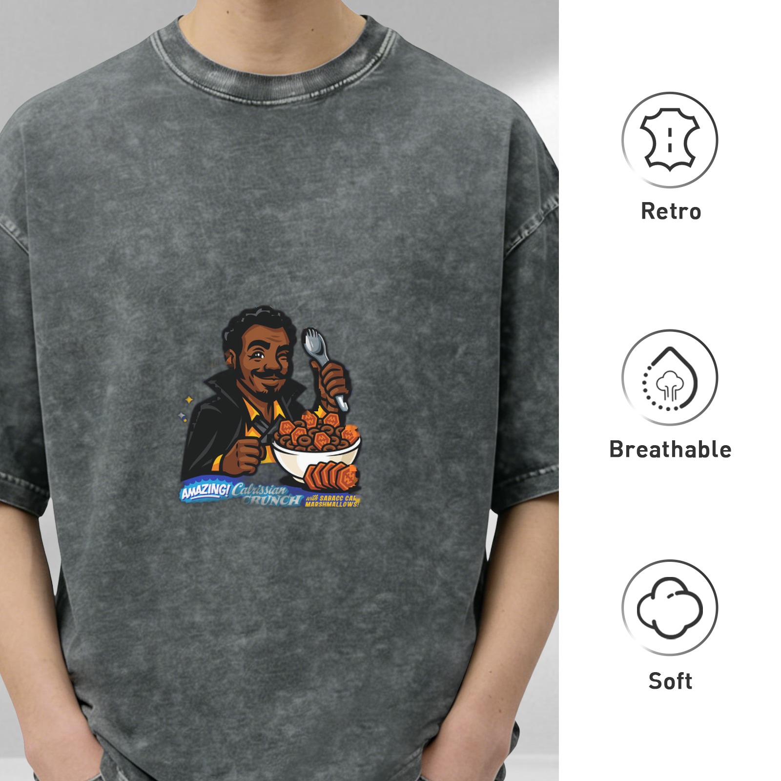 acid wash black t-shirt with calrissian crunch graphic print