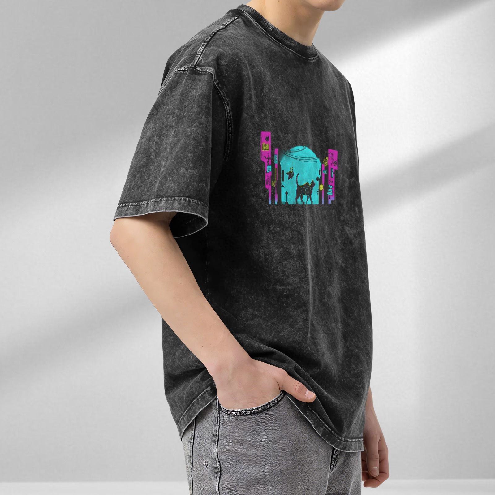 Oversized Acid Wash Graphic T-Shirt with Cyberpunk Cat Alley Print
