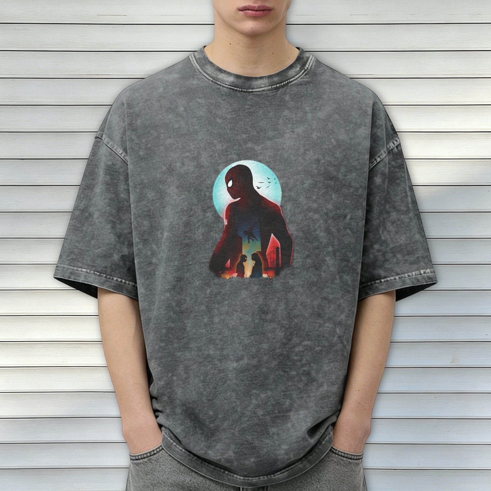 Washed Black T-Shirt with Spider-Man Silhouette Graphic