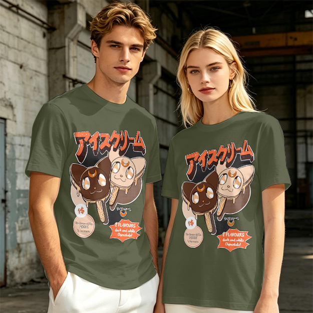 Olive T-shirt with cat ice cream popsicle graphic print