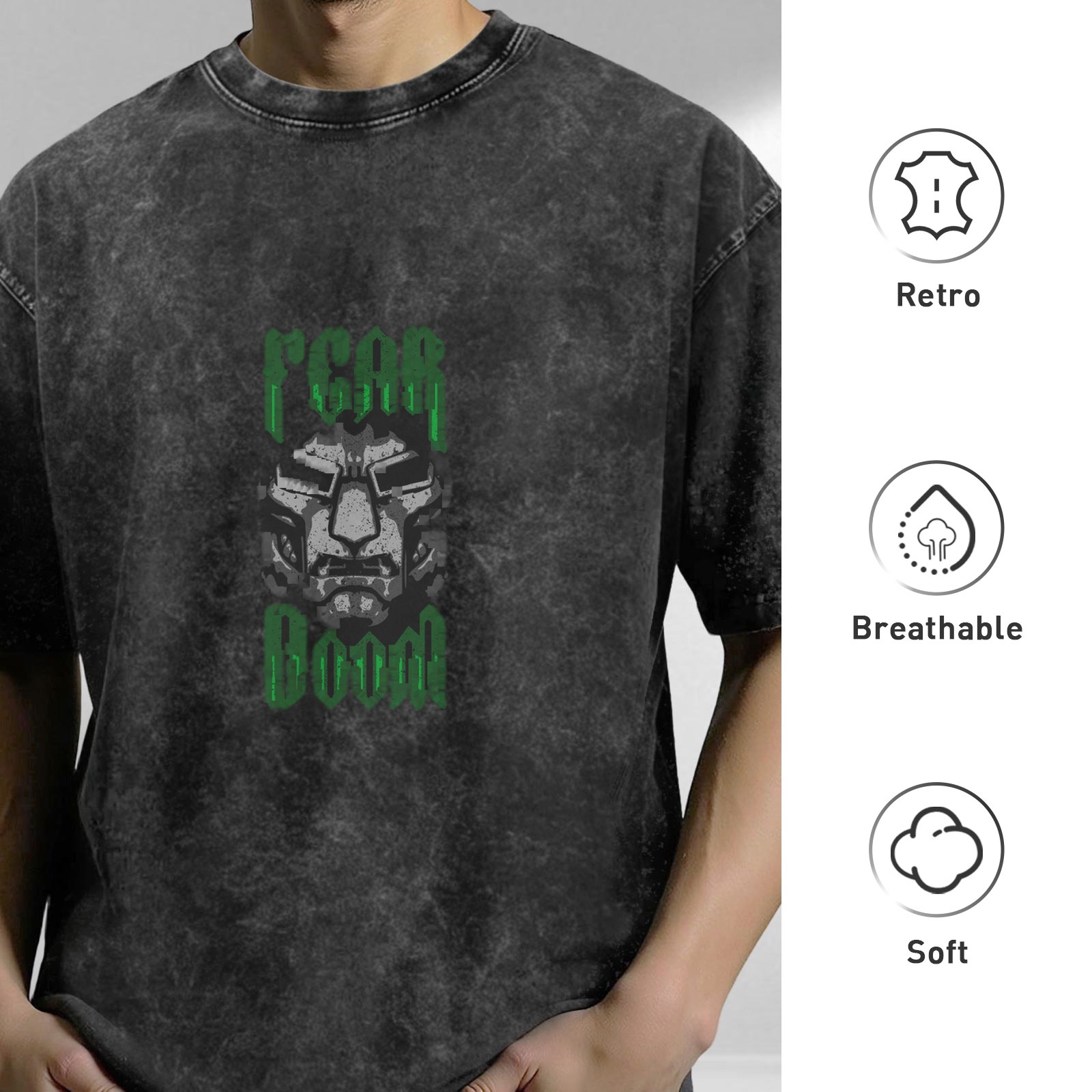 Oversized Acid Wash T-Shirt With Doctor Doom Fear Doom Graphic
