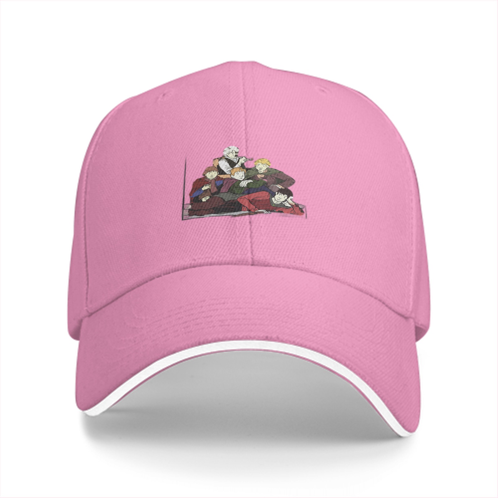 Black baseball cap with anime group character print