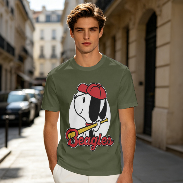 Olive green t-shirt with Snoopy baseball Beagles graphic