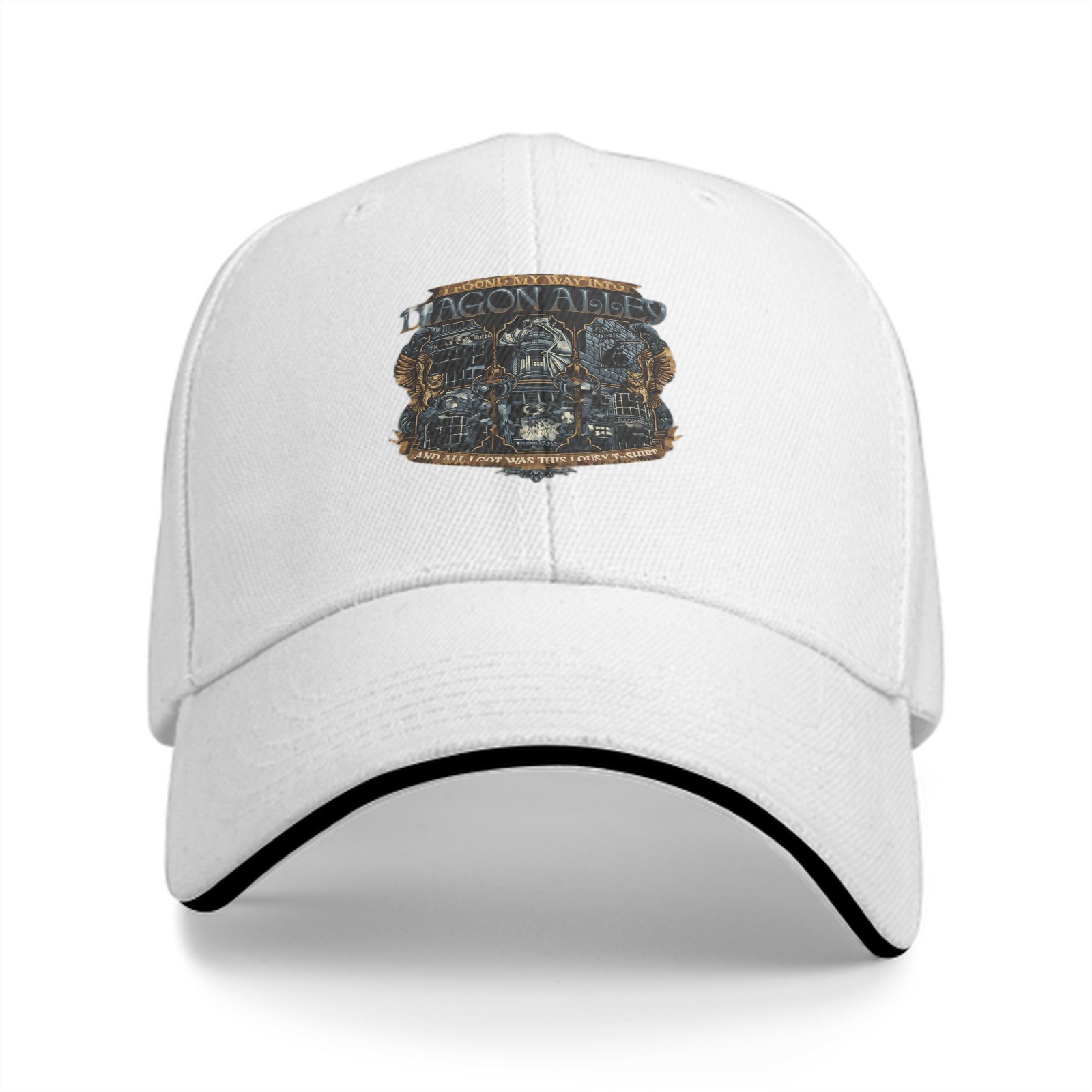 Black Baseball Cap With Diagon Alley Fantasy Graphic Print