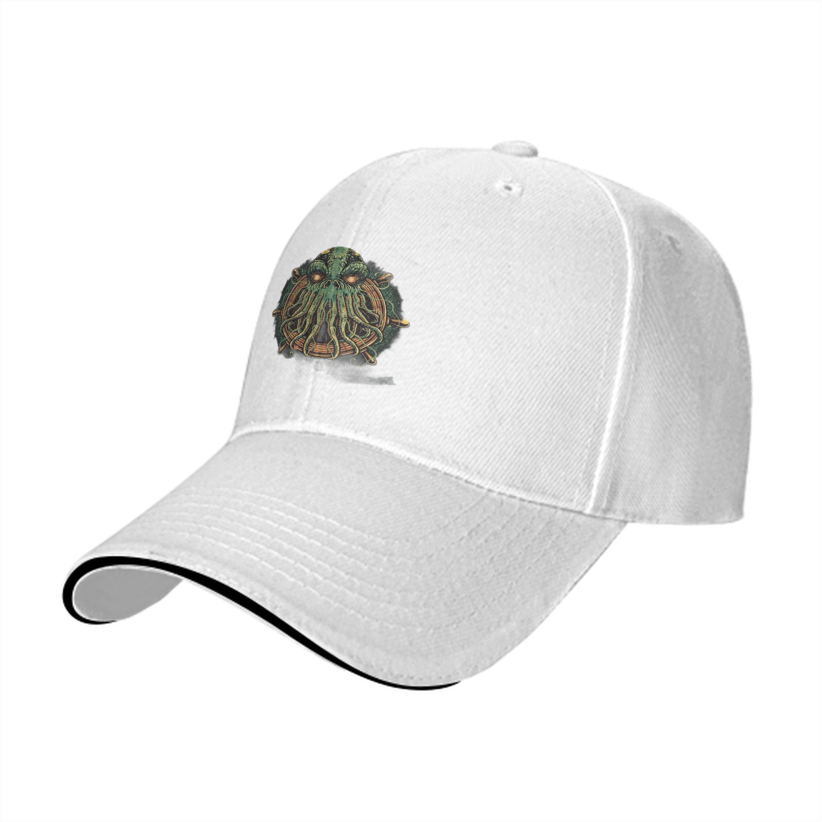 Black Baseball Cap With Cthulhu Ship Wheel Graphic