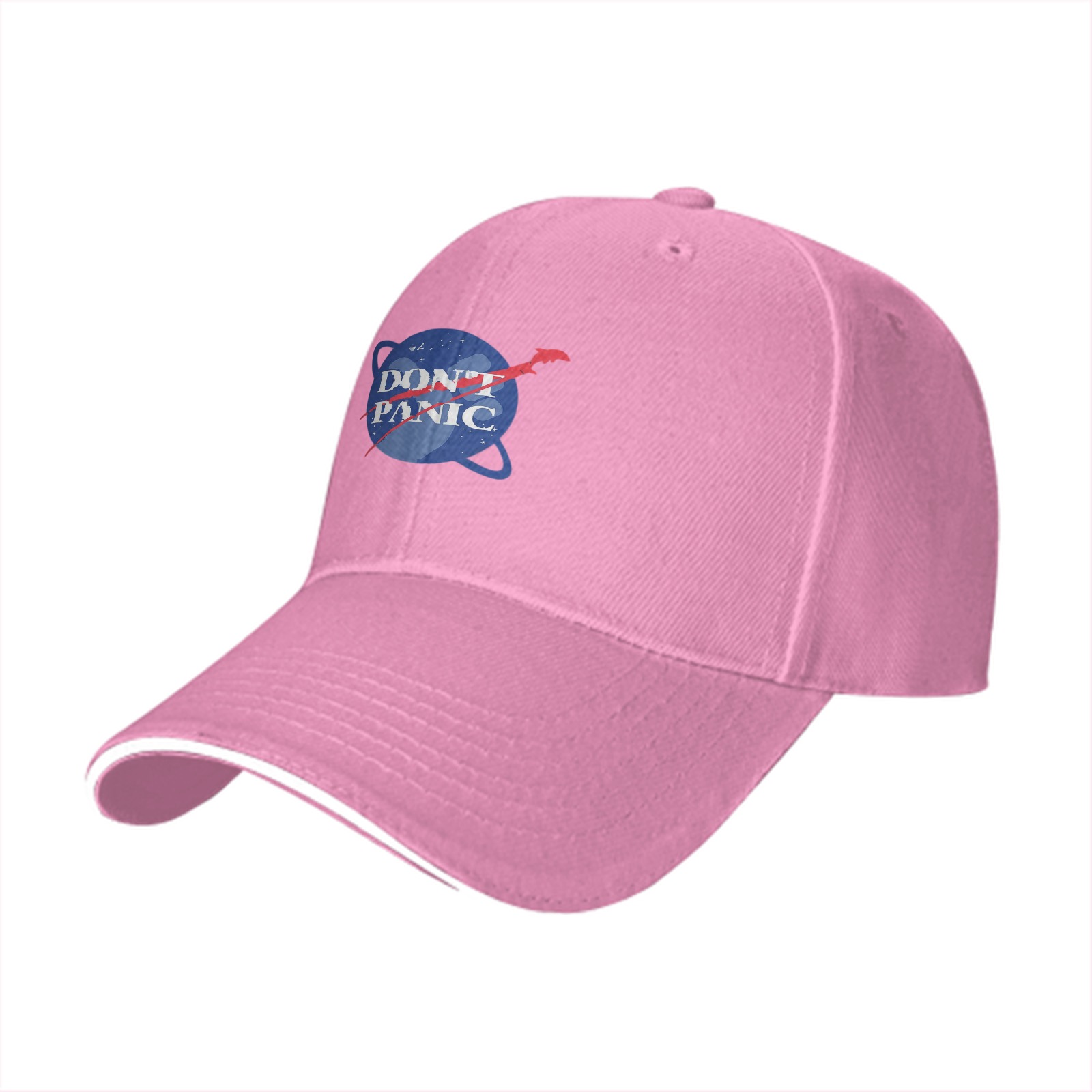 Black baseball cap with Don't Panic NASA-style space graphic