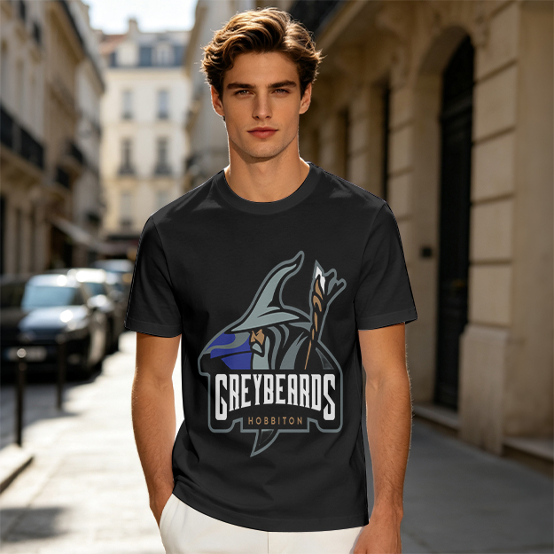 Olive t-shirt with Greybeards Hobbiton wizard graphic
