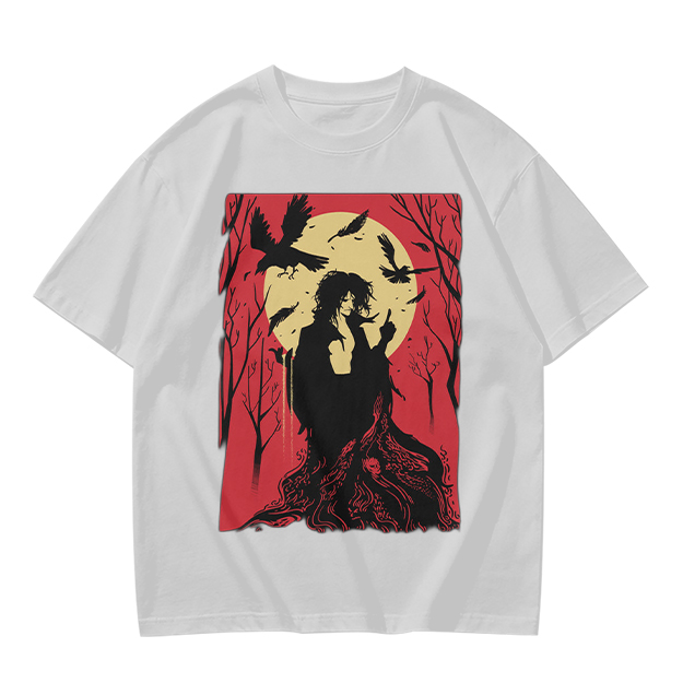 Olive T-Shirt With Gothic Crow And Moon Graphic Print