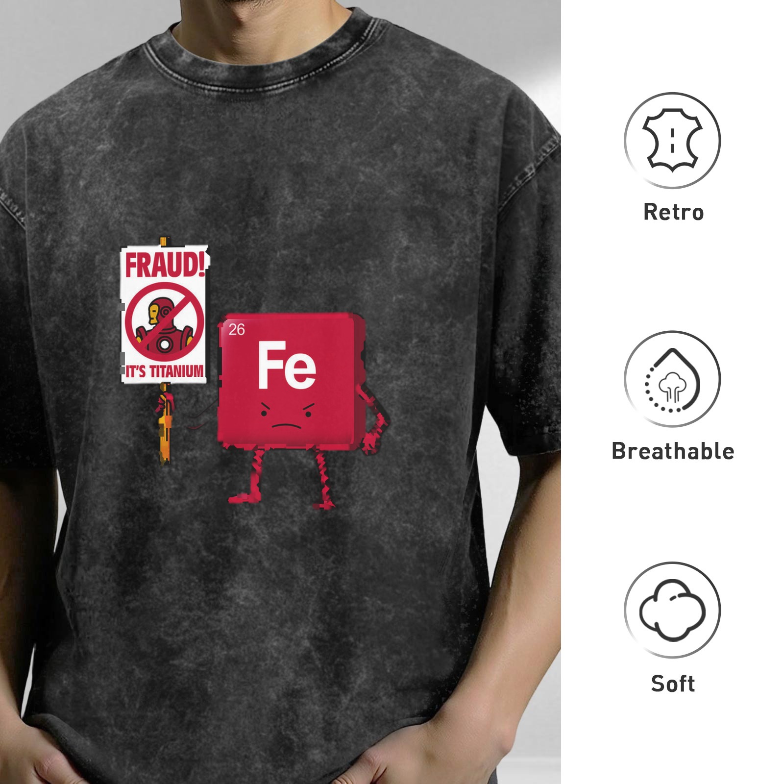 Oversized Acid Wash T-Shirt with Funny Iron Man Titanium vs Iron Element Graphic