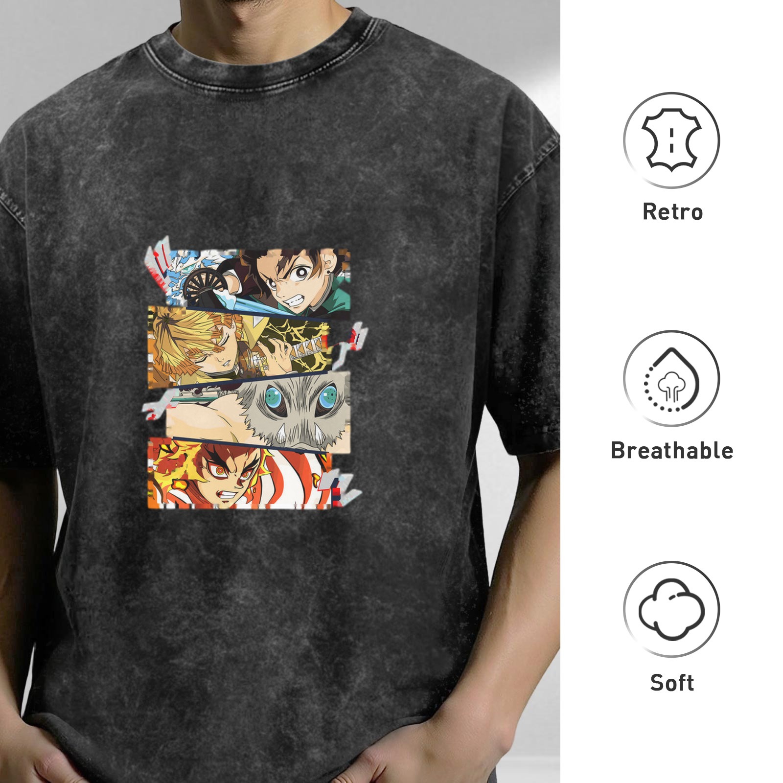 Demon Slayer themed distressed short-sleeved T-shirt