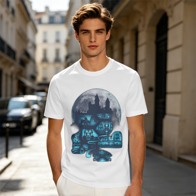Olive T-Shirt With Glowing Castle Moon Night Graphic Print