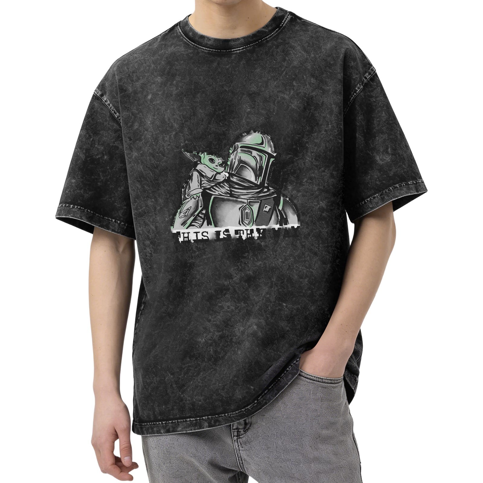 Washed Cotton T-Shirt with Mandalorian and Child Graphic
