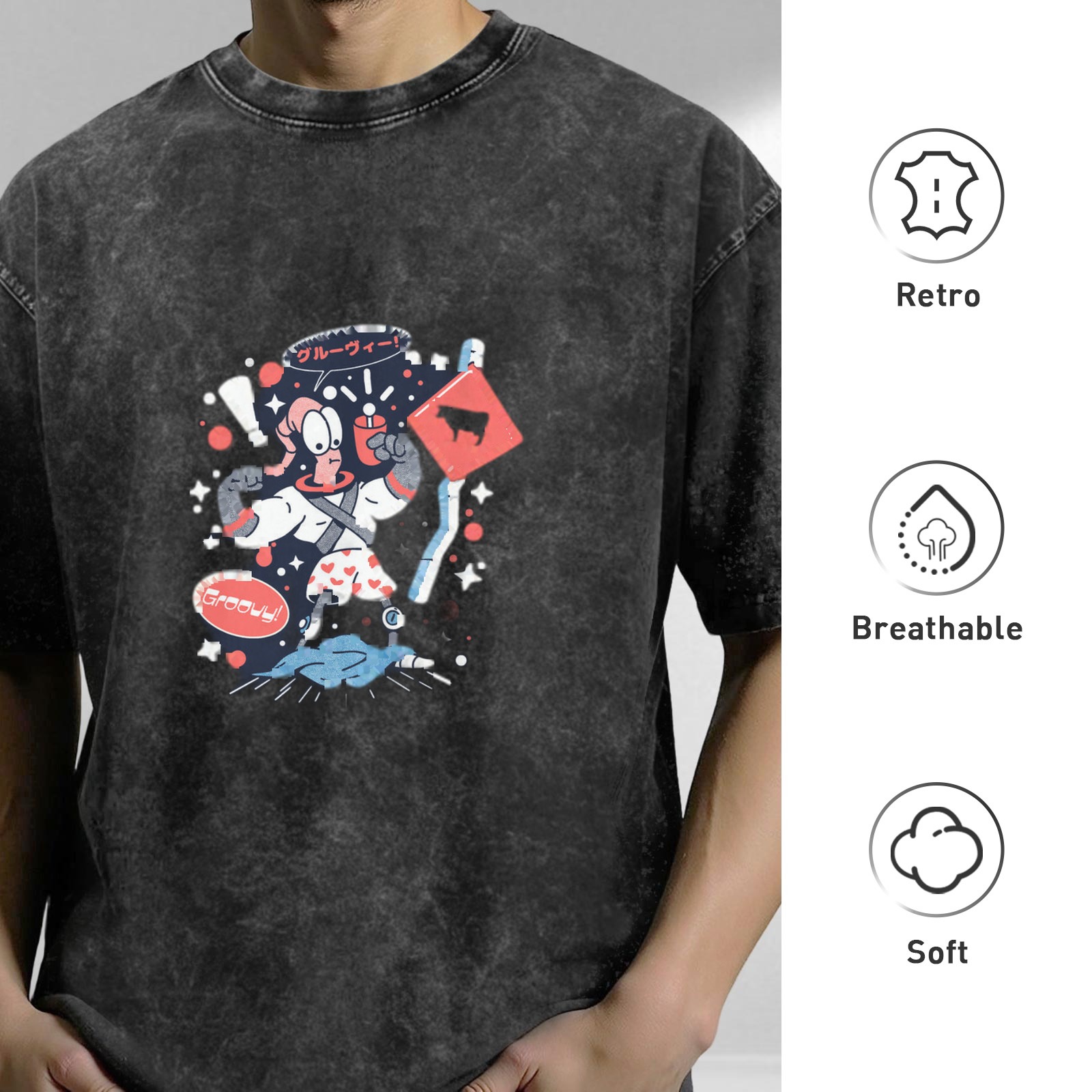 Washed black graphic t-shirt with retro cartoon space character print