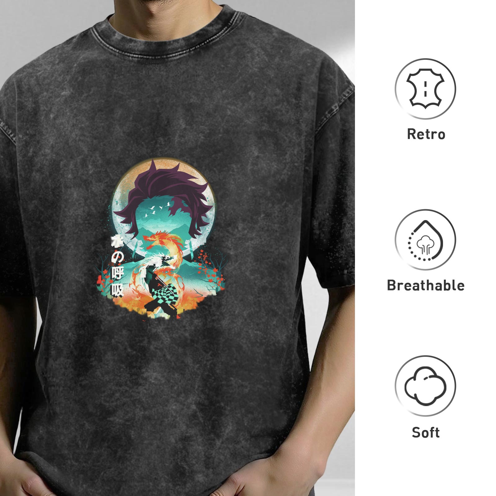 Demon Slayer Tanjiro Water Breathing Anime Graphic Oversized Acid Wash T-Shirt