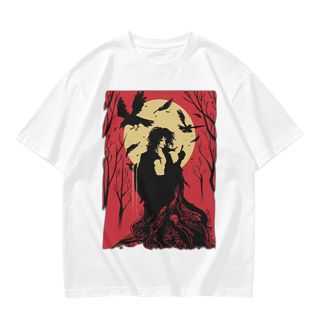 Olive T-Shirt With Gothic Crow And Moon Graphic Print