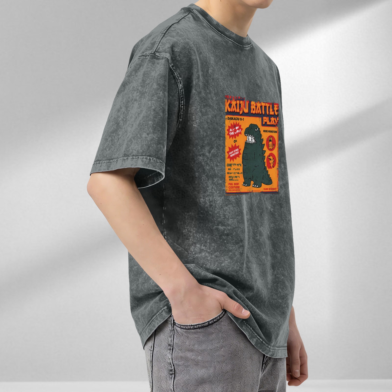 Kaiju Battle Play Graphic Oversized Acid Wash T-Shirt