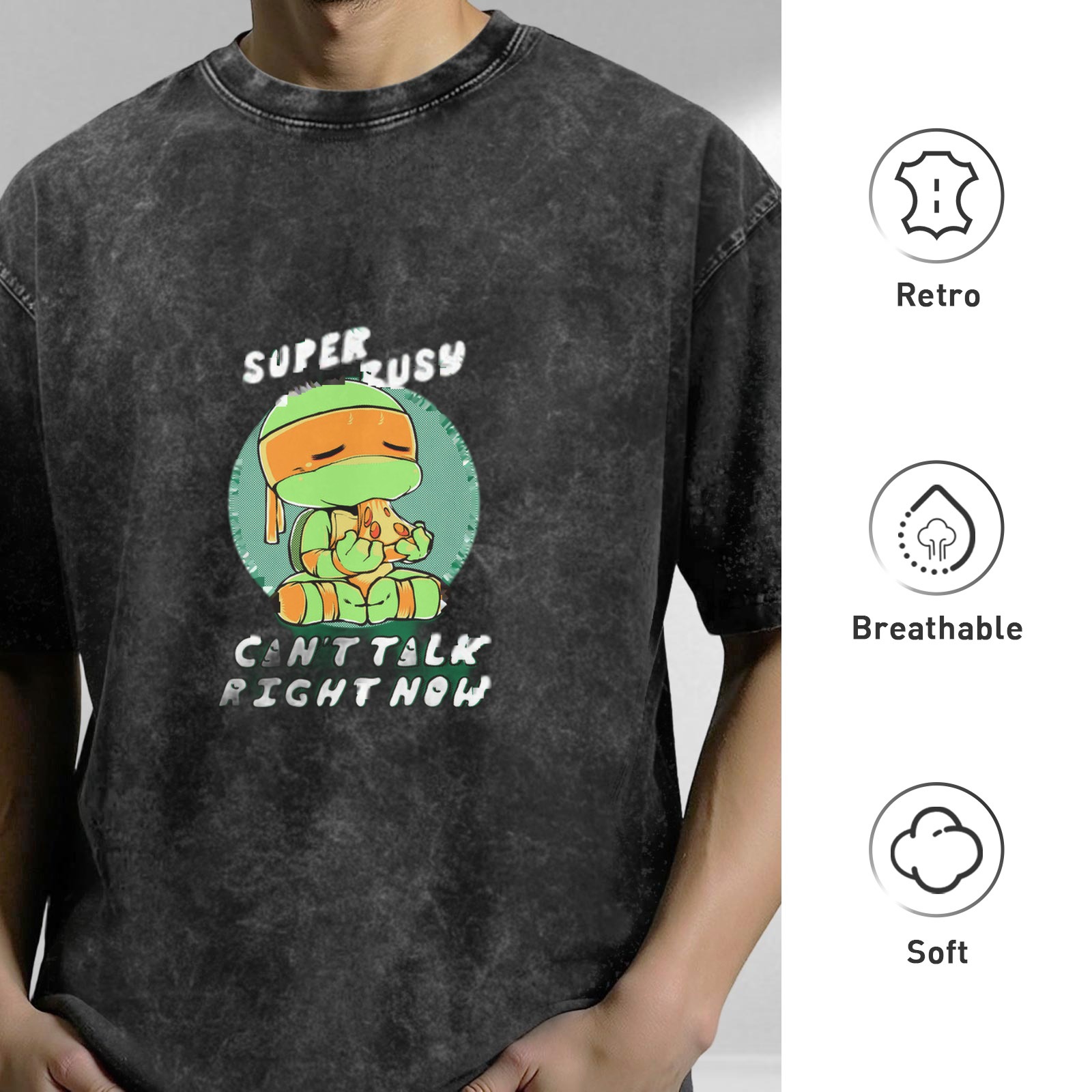 Distressed washed Teenage Mutant Ninja Turtles themed casual T-shirt Fun text printed loose short-sleeved top