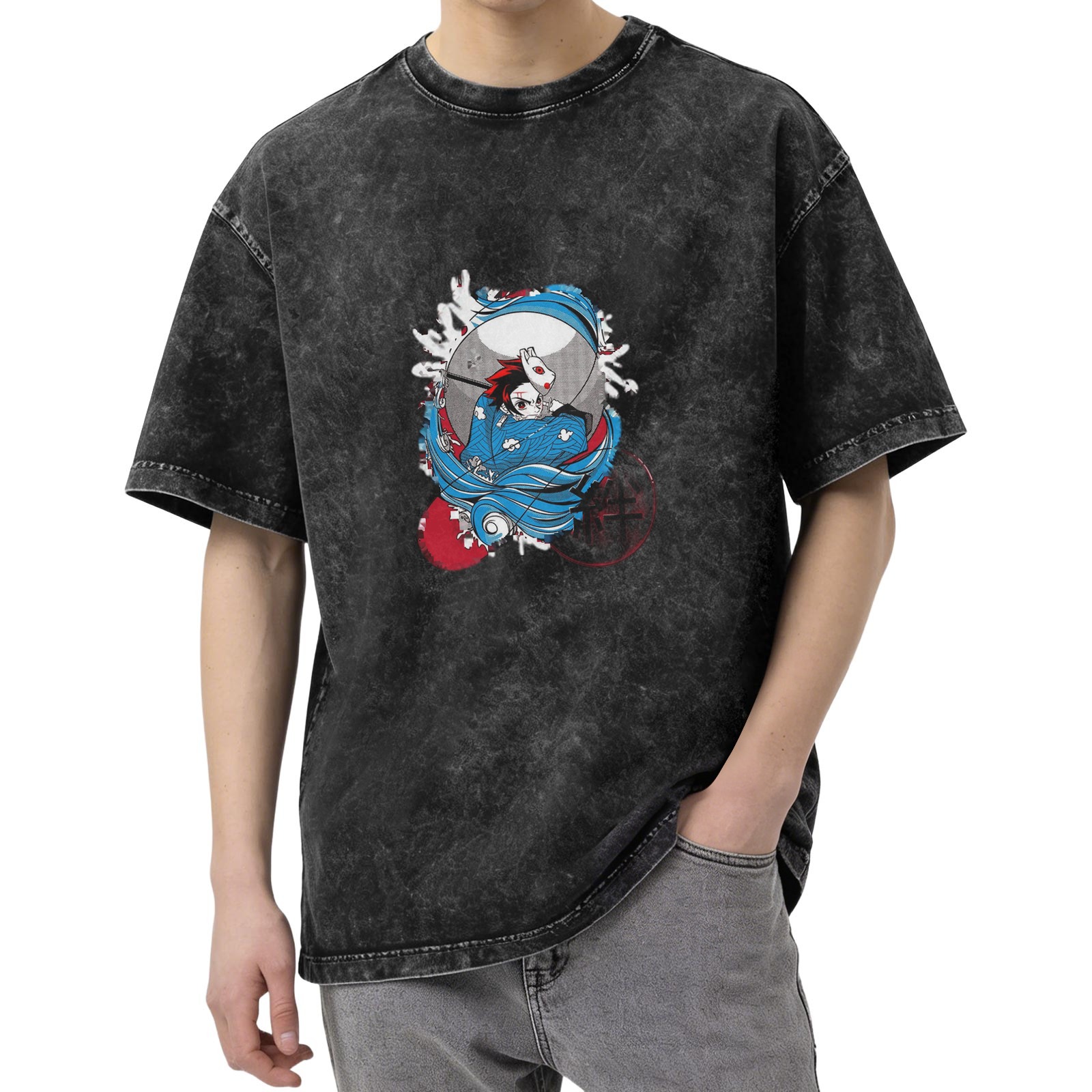 Oversized Washed Black Anime Graphic T-Shirt featuring Demon Slayer Tanjiro Kamado with Warding Mask Design