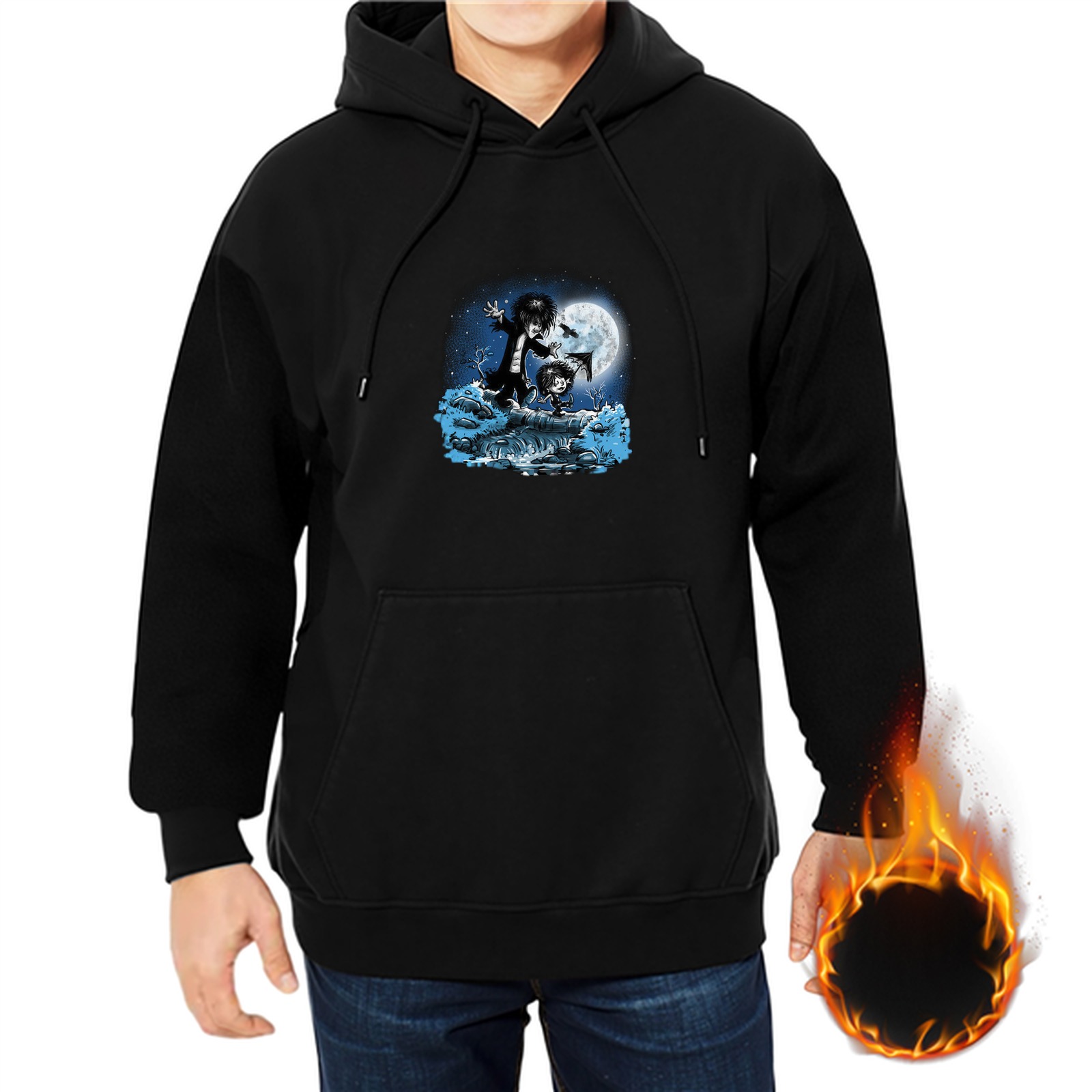 Black Hoodie With Moonlit Gothic Character Graphic Print