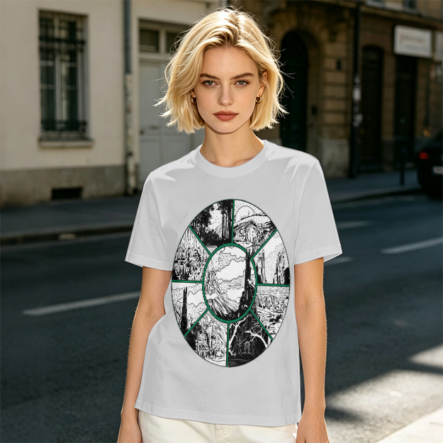 Olive Green T-Shirt With Circular Fantasy Landscape Art Print