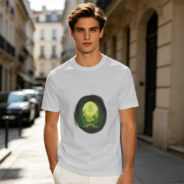 Olive Green T-Shirt with Hobbit Hole Landscape Art Print