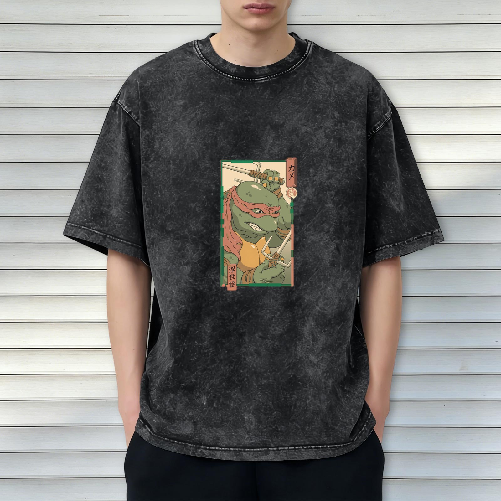 Washed Black T-Shirt with Raphael Ninja Turtle Ukiyo-e Style Print