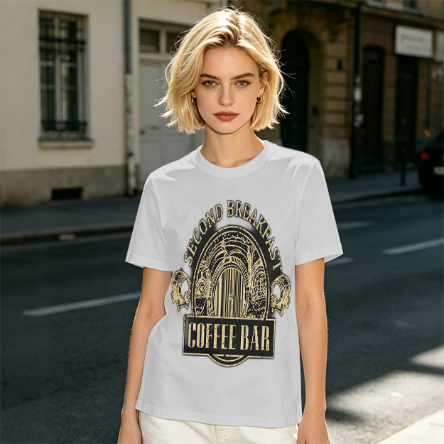 Olive Green T-Shirt with Second Breakfast Coffee Bar Graphic