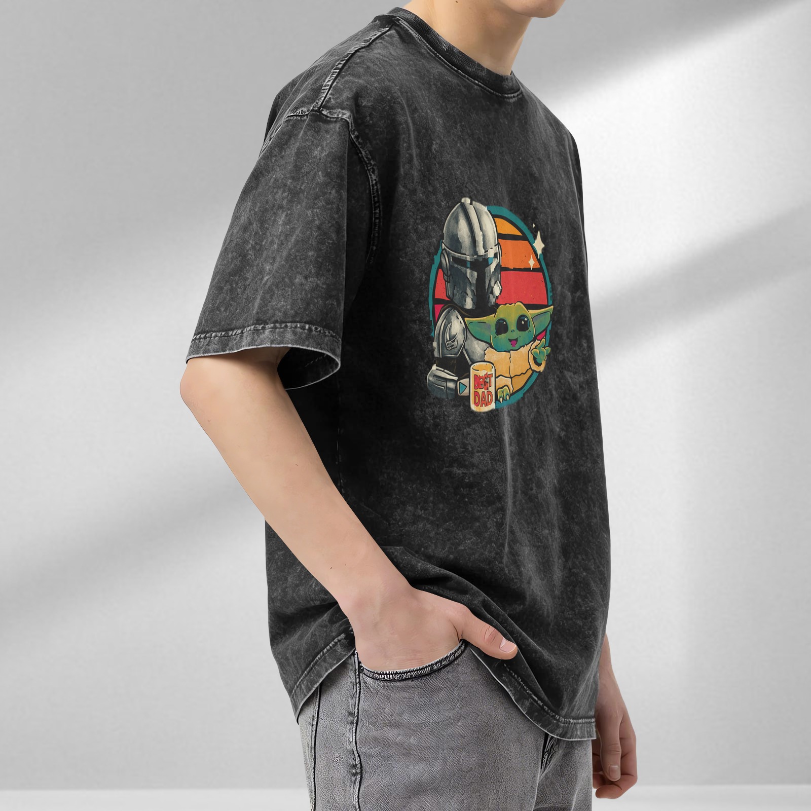 Star Wars The Mandalorian & Grogu (Baby Yoda) 'Best Dad' Graphic Acid-Wash Short Sleeve T-Shirt