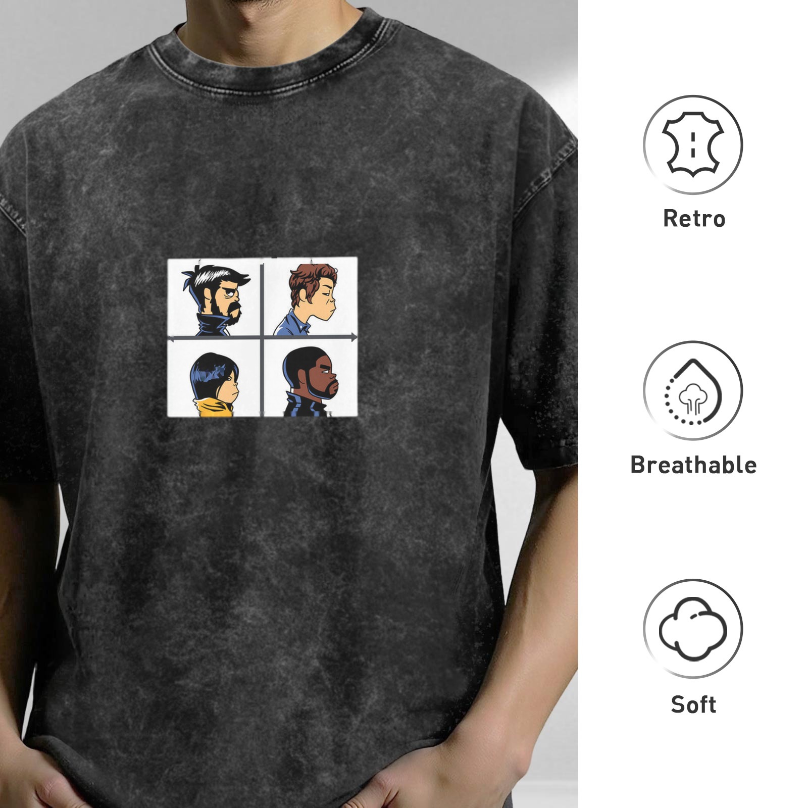 Distressed black short-sleeved T-shirt, four-frame cartoon character print, loose casual top