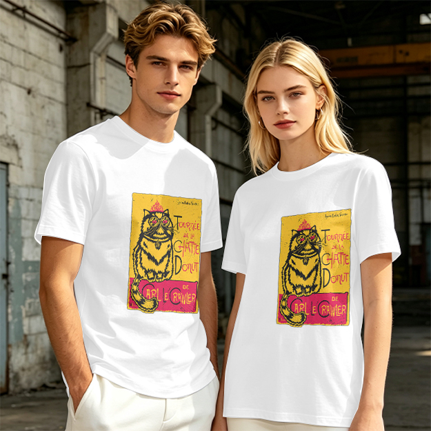 Olive T-shirt with a whimsical cat graphic print