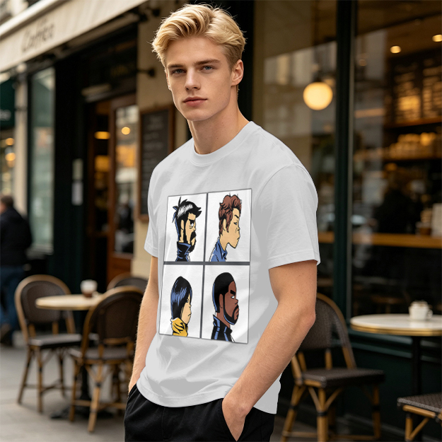 Olive T-Shirt With Four Cartoon Character Profile Portraits