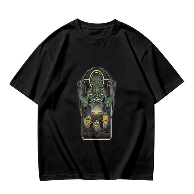 Olive Green T-Shirt with Cthulhu and Minions Graphic Print
