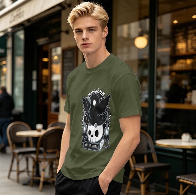 Olive Graphic T-Shirt With Raven Skull Nevermore Print