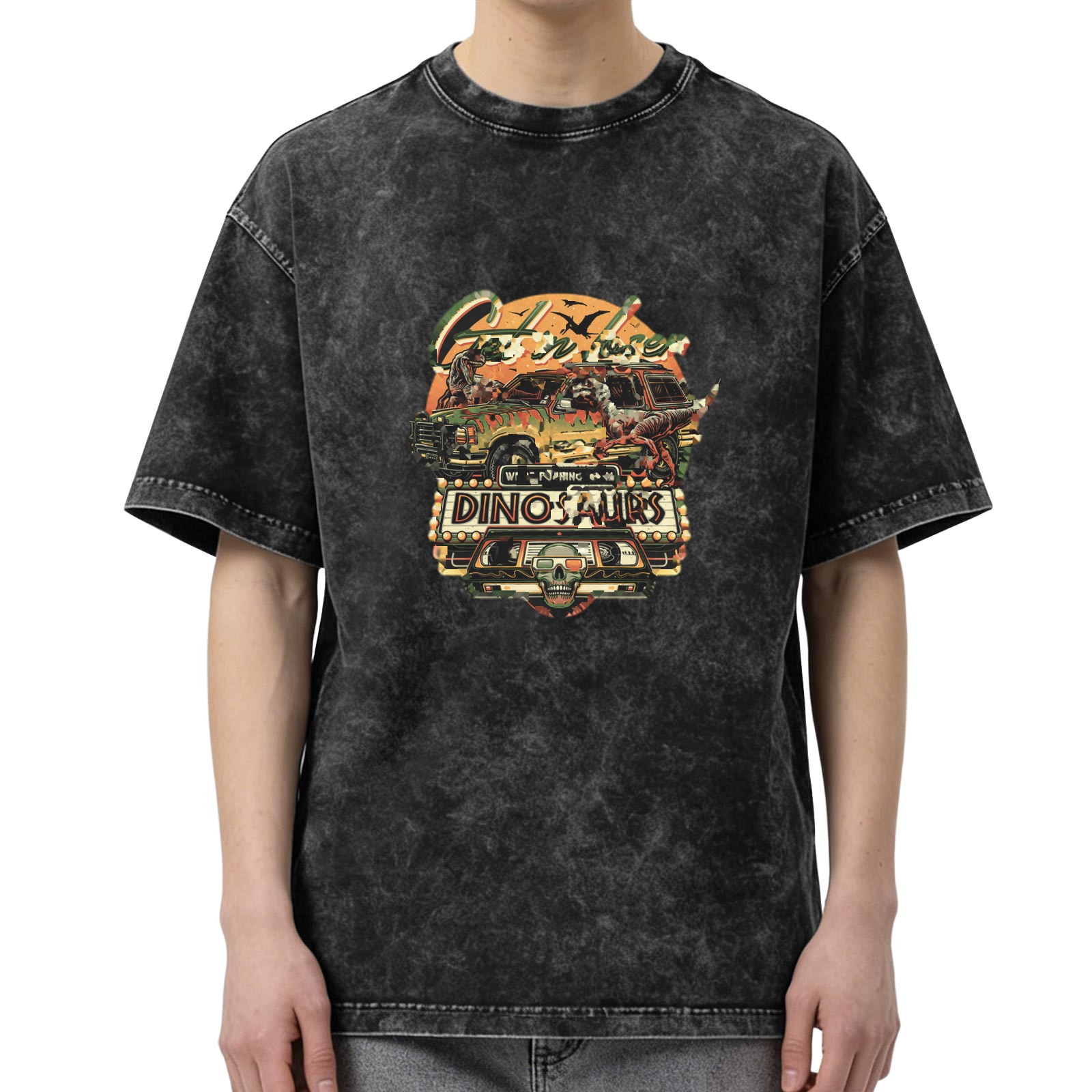 Vintage Washed Black Dinosaur Graphic T-Shirt for Men, Retro Jurassic Themed Short Sleeve Tee