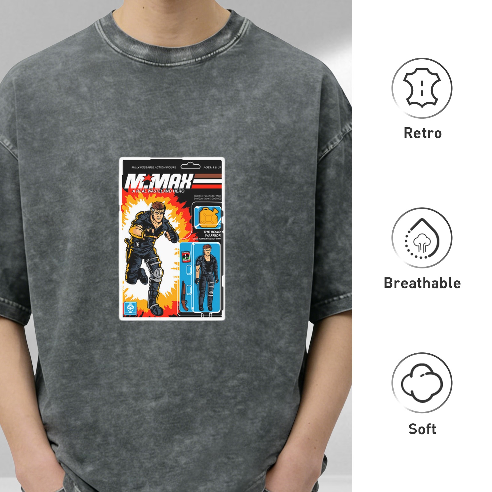 Washed Black T-Shirt with Retro Mr. Max Action Figure Graphic
