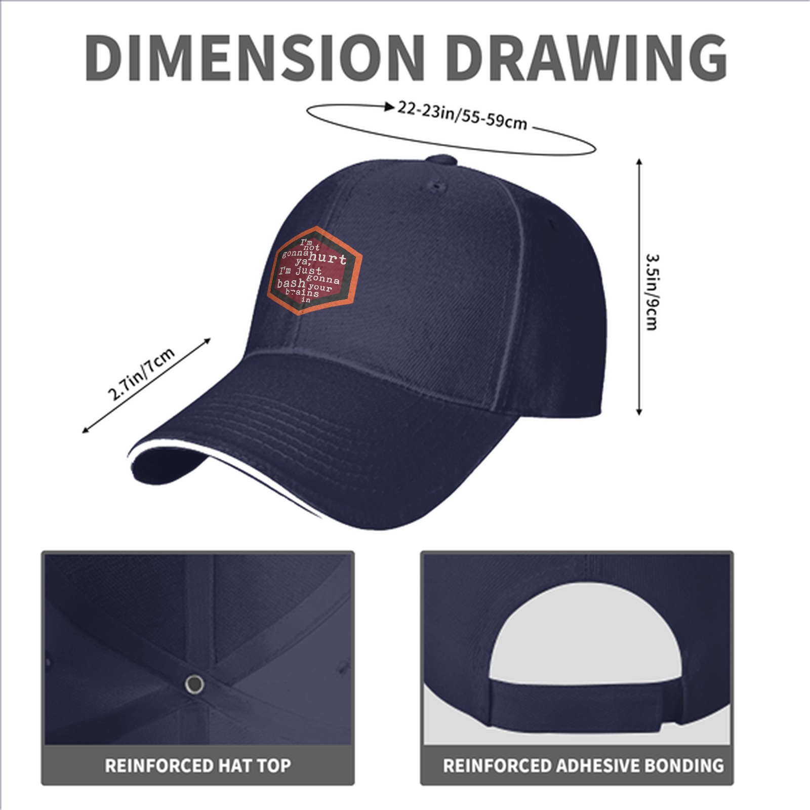 Black baseball cap with humorous hexagon text graphic