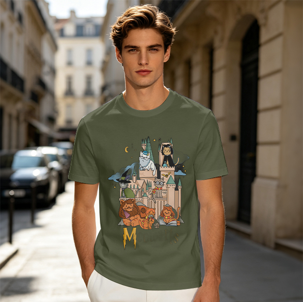 Olive T-Shirt With Whimsical Wizard Cat Castle Graphic