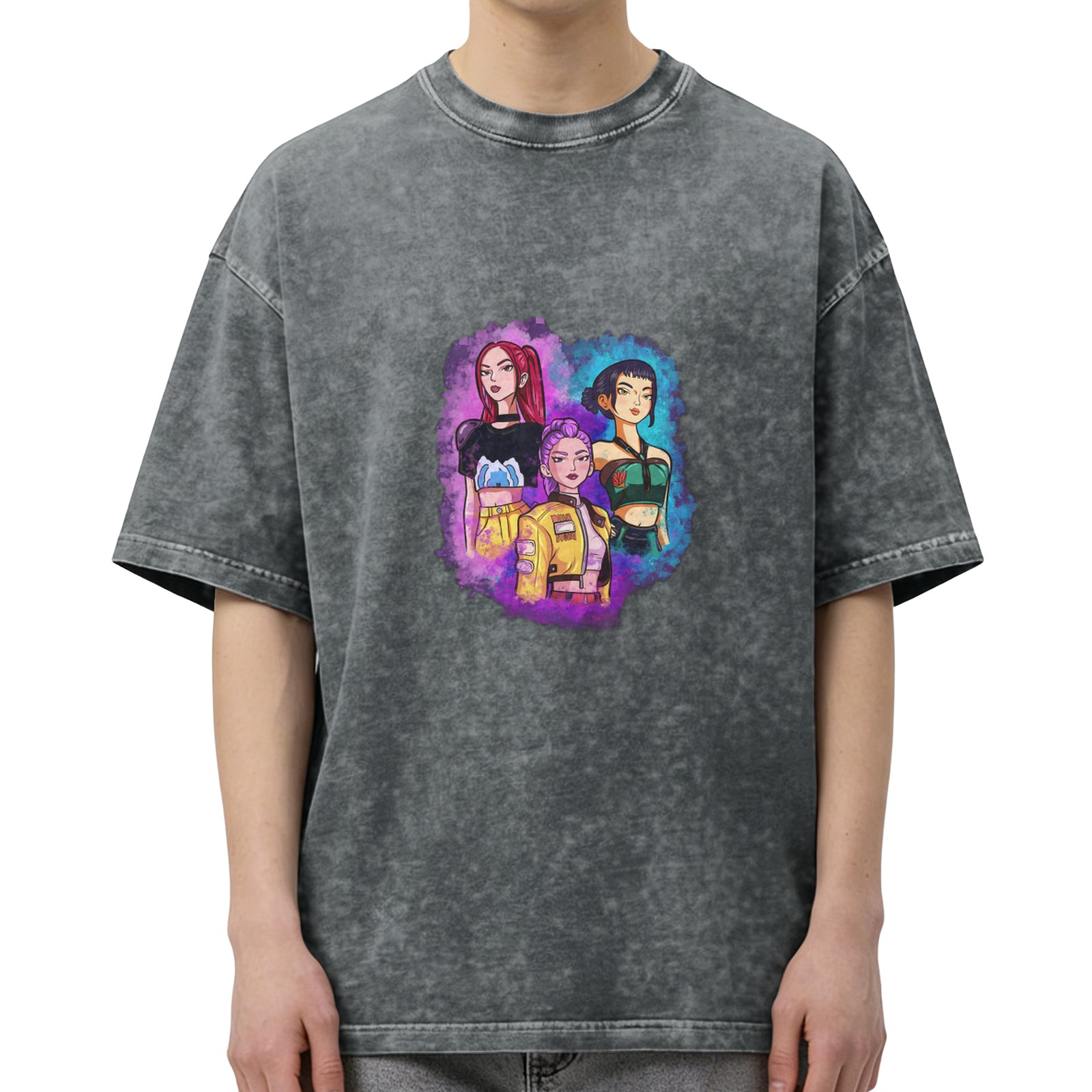 Oversized Acid Wash T-Shirt with Anime Girl Trio Graphic
